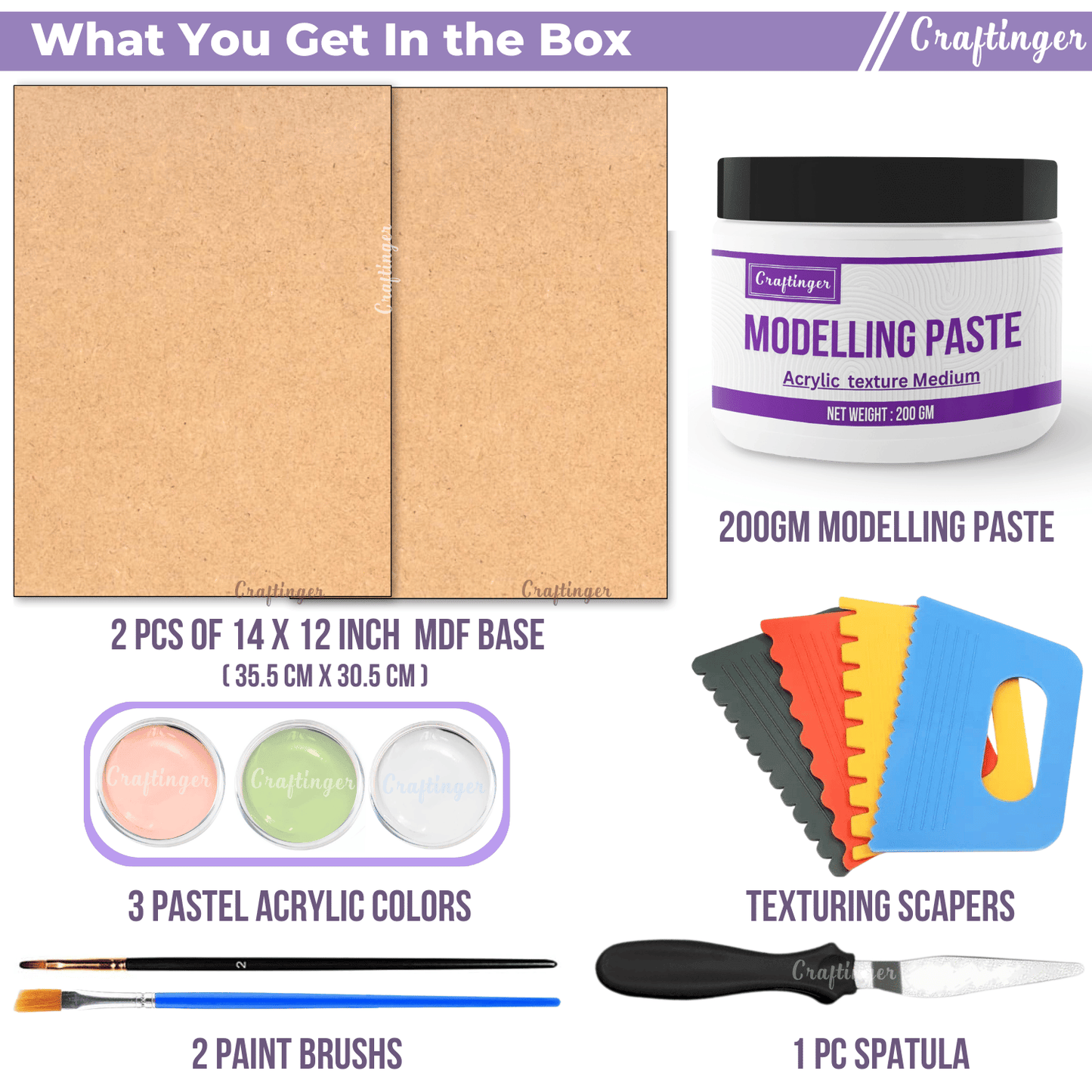 Craftinger Large Texture Art Kit 14 x 12 Inch MDF Bases (Set of 2), 4 Texturing Scrapers, 200gm Modelling Paste and More DIY Textured Art for Home Decor & Craft Project