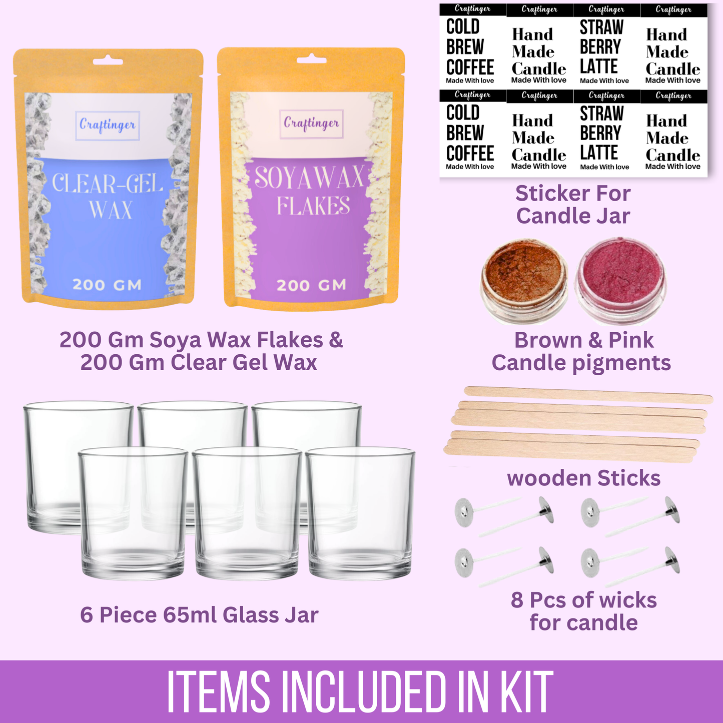Craftinger DIY Candle Making Kit - Complete Set with 400gm SOYA Wax, Gel Wax, Jars, Wicks, Pigments, and Labels for Adults & Beginners
